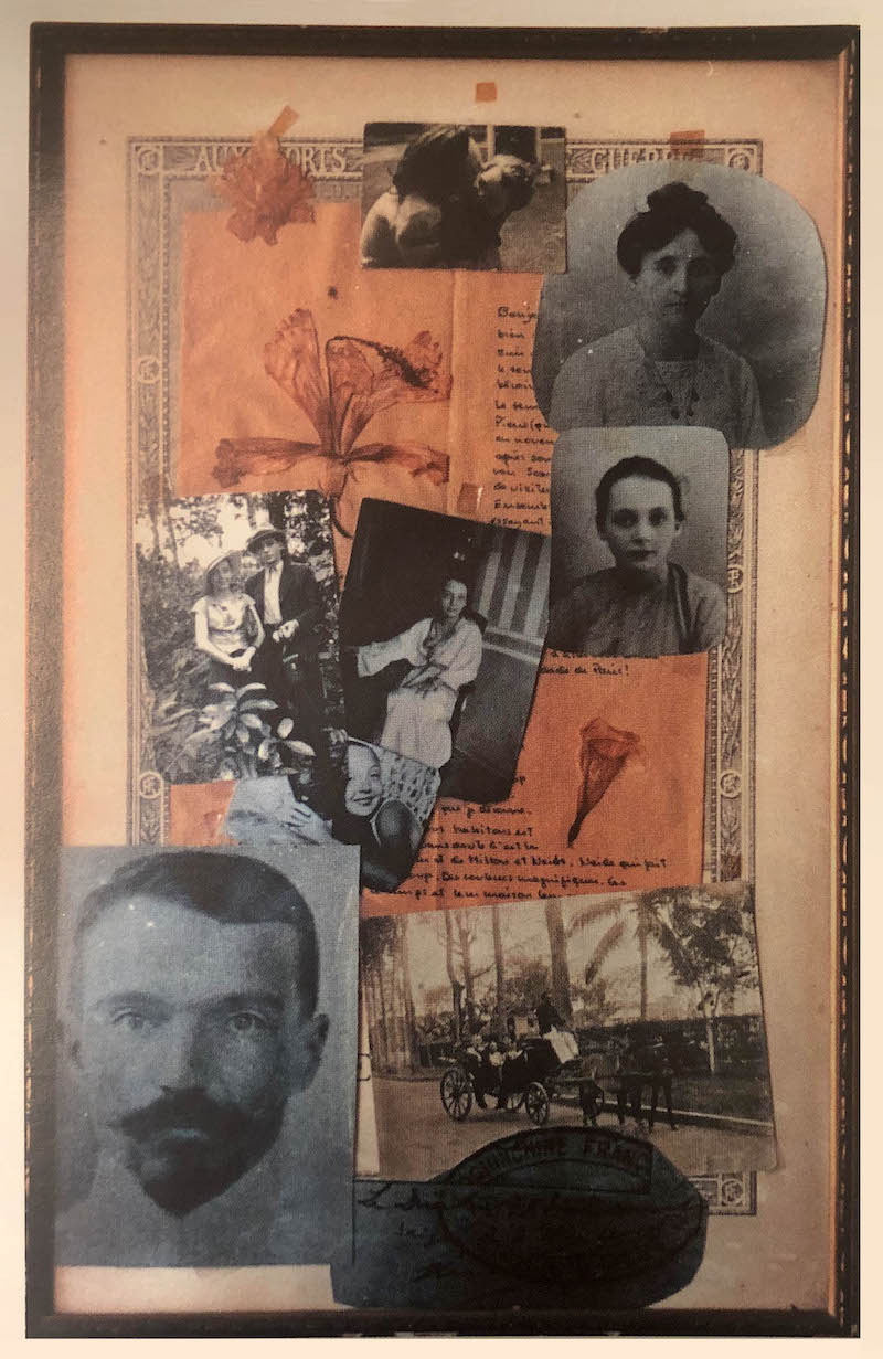Figura 1. Collage de fotografías, cartas, postales y flores secas compuesto por Marguerite Duras, fotografía publicada en Adler (15)